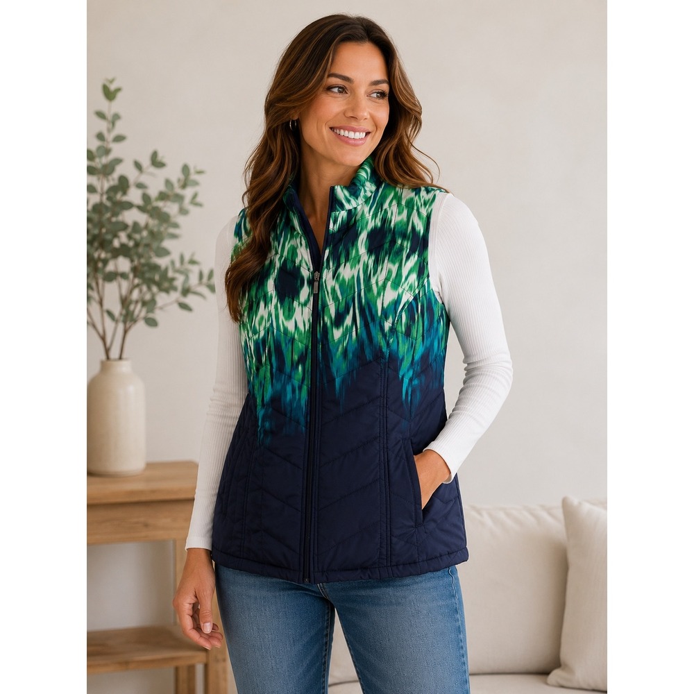 Weekends by Chico's Navy Green Ikat Quilted Puffer Vest Mock Neck Size 2 Large